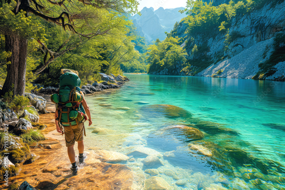 Viajeros aventureros haciendo ruta de senderismo en un paisaje natural natural, turismo sostenible Viajeros aventureros haciendo ruta de senderismo en un paisaje natural natural, turismo sostenible