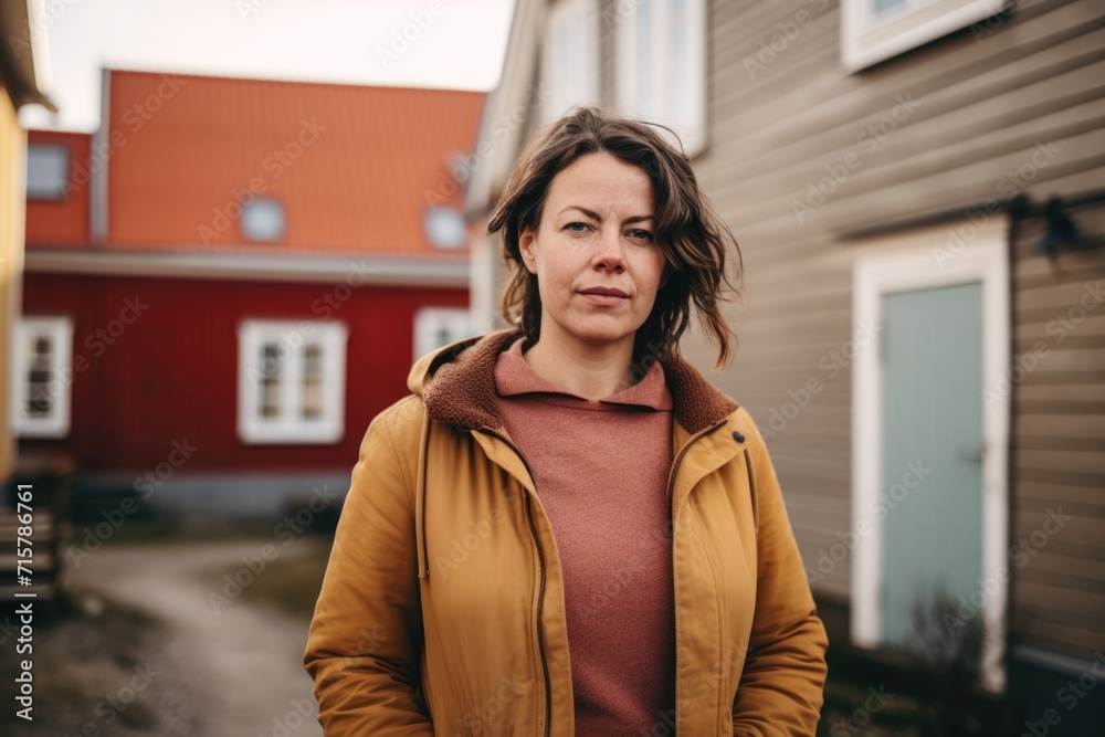 Portrait of a middle aged confident woman standing in front of houses
