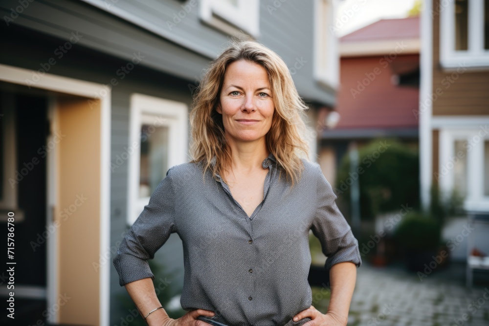 Portrait of a middle aged confident woman standing in front of houses Portrait of a middle aged confident woman standing in front of houses