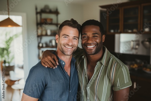 Portrait of a diverse young male gay couple at home