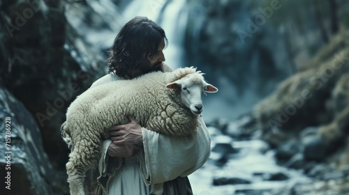 shepherd carrying a white sheep in his arms photo