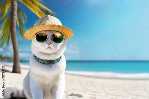 Brutal white cat in a hat and sunglasses by the sea on a beach with palm trees. Vacation, travel concept. Template for postcards, advertising, congratulations. Copy space © ss404045