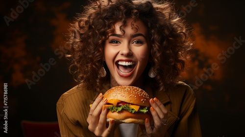 Young girl eating classic burger and drinking soda at cafe in the city. Smiling beautiful young happy woman eating fast food. 
