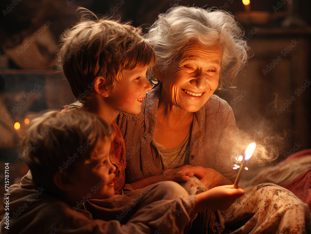 Emotiva escena de abuelos cuidando con ternura a sus nietos