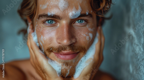 European man cleans and washes face with soap  enjoys purity of skin  smiles gently  has pampering procedure  satisfied with skin condition. Rejuvenation concept. Man washing face with soap