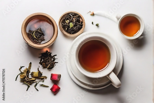 Cup of hot green tea with dried tea leaves in white cup and wood background. Chinese green tea known as healthy hot drink with antioxidant, also help with decrease fat in blood. photo