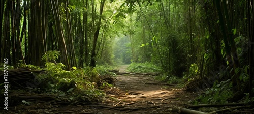 Tranquil sections of bamboo forest habitat in the natural woodland environment