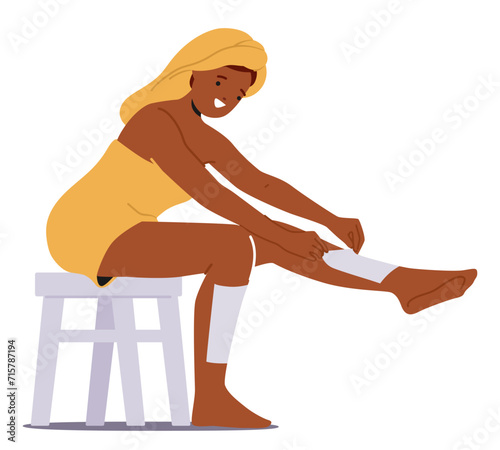 Woman Undergoes A Leg Waxing Procedure, Removing Unwanted Hair For Smoother Skin. Female Character Applying Warm Wax