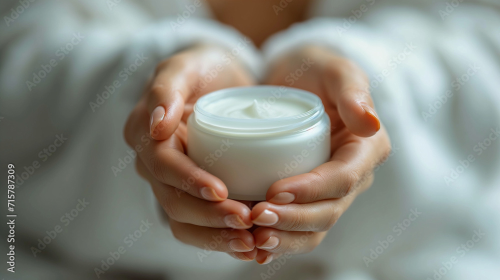a girl in a bathrobe holds a jar with a cosmetic cream in her hands. skin care, minimalism. keep youth and skin elasticity. Young woman with jar of hand cream, closeup. 