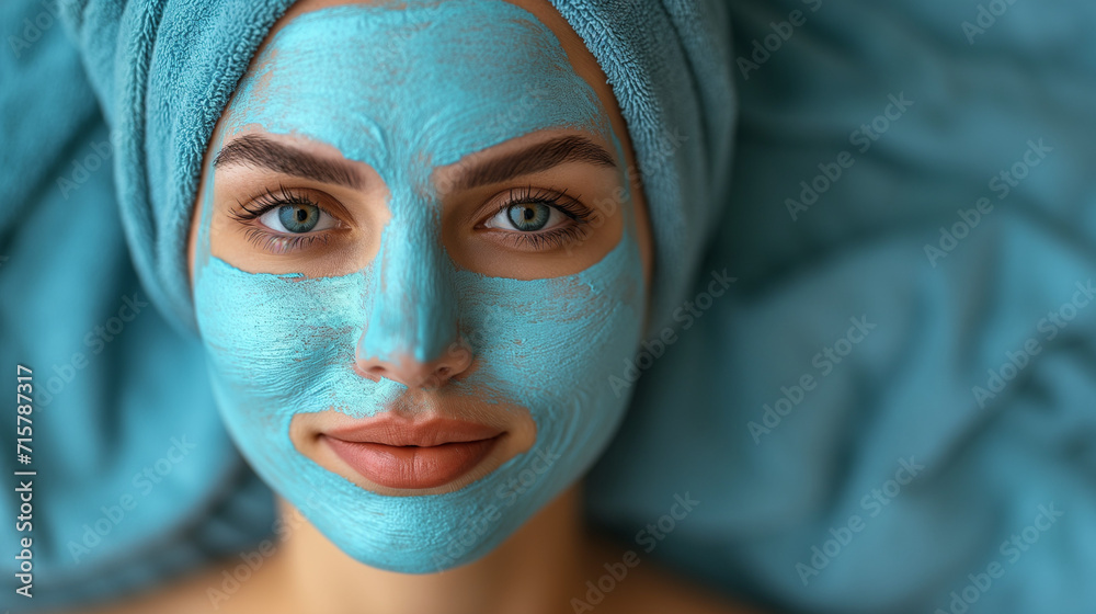 Close-up of a woman's face with applied clay blue peeling peeling mask lying on the couch. Cosmetology and spa treatments. Skin care in the salon. Close-up of a woman's face with applied clay blue peeling peeling mask lying on the couch. Cosmetology and spa treatments. Skin care in the salon.