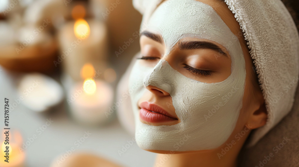 Close-up of a woman's face with applied clay blue peeling peeling mask lying on the couch. Cosmetology and spa treatments. Skin care in the salon. Close-up of a woman's face with applied clay blue peeling peeling mask lying on the couch. Cosmetology and spa treatments. Skin care in the salon.