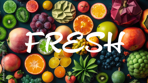 Vegetarian wallpaper with colorful fresh fruits vegan mosaic 4K 