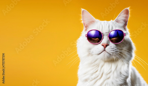 Chic white cat in fashionable sunglasses on a yellow background. Template for postcards, advertising, congratulations. Copy space © ss404045