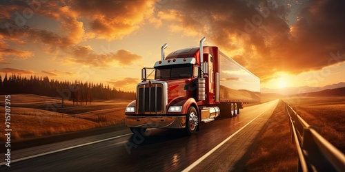 Red truck with trailer drives fast on the country road, sunset in the background © Creative Canvas