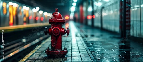 A bold red fire hydrant stands proudly on the bustling city sidewalk photo