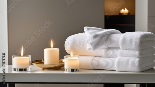 Create an inviting elegance with soft lighting, emphasizing the elegance of towels and beauty treatments, Towel with herbal bag and beauty treatments, candles, essential oils