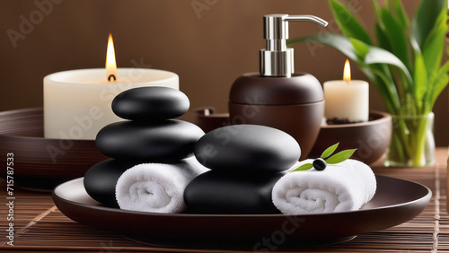 Infuse a Zen-inspired elegance into the composition the beauty of spa accessories in a harmonious setting. Towel with herbal bag and beauty treatments, candles, essential oils