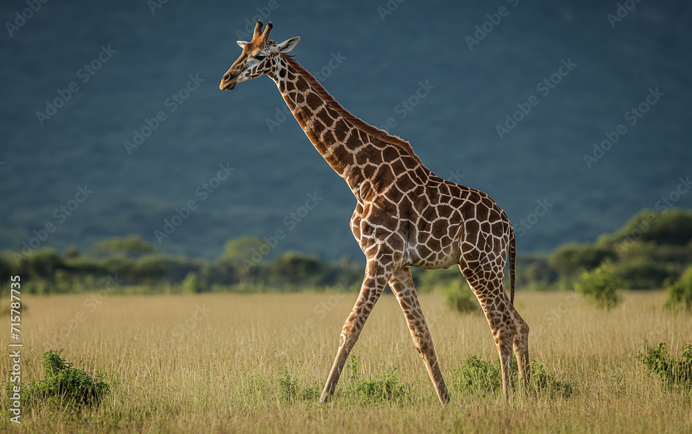 Obraz premium Giraffe standing in meadow. Generative AI