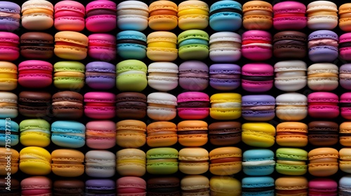 Vibrant and visually striking close up of a delicate, rainbow patterned display of colorful macarons