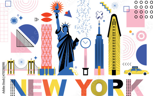 Typography word "New York" branding technology concept. Collection of flat vector web memphis and Bauhaus elements. NY culture travel set, famous architectures. USA landmark. Abstract geometric poster