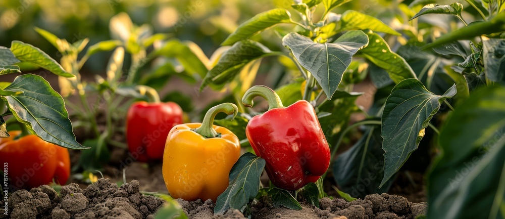 An abundant array of vibrant peppers thrive in a natural, outdoor garden, offering a flavorful and nutritious addition to any vegetarian or vegan diet