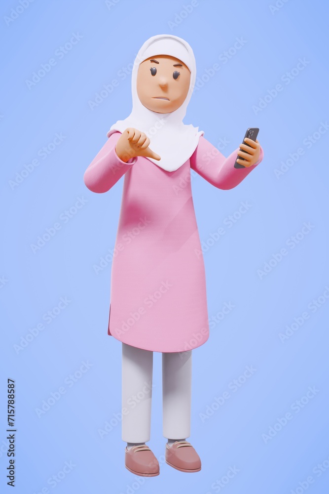 3d rendering fullbody of woman muslim greeting, greeting, pointing and holding phone while smiling 3d rendering fullbody of woman muslim greeting, greeting, pointing and holding phone while smiling