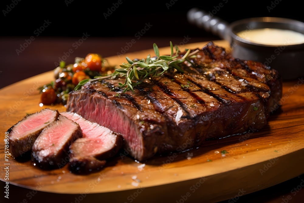 A perfectly seared ribeye steak, cooked to medium-rare perfection, with juices sizzling on the grill.
