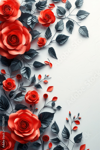 border made of red roses in the style of a paper craft 