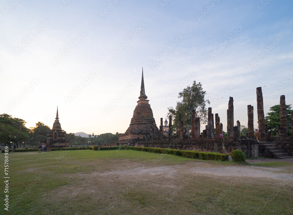 Fototapeta premium Sukhothai Historical Park festival, buddha pagoda stupa in a temple, Sukhothai, Thailand. Thai buddhist temple architecture. Tourist attraction.