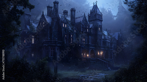 Spooky haunted mansion with eerie architecture, ghostly apparitions, and hidden secrets waiting to be discovered. Perfect for Halloween designs and horror-themed events. © Jhon