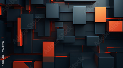 3D panoramic deep blue-orange square shape rectangle background. Modern geometric metal technology wallpaper. Luxury pattern website banner. High-quality ultra-realistic matt finish. Generative AI
