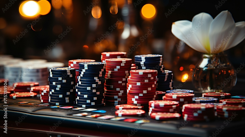 Casino Success: Closeup of Poker Chips and Cards on a Green Table, Signifying Luck and Winning Casino Success: Closeup of Poker Chips and Cards on a Green Table, Signifying Luck and Winning