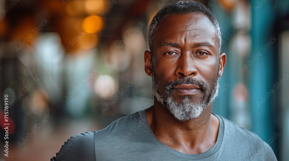 Fototapeta premium Portrait of a middle-aged black man while running inside a gym generative ai