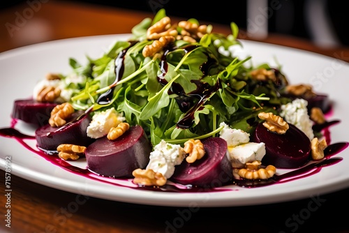 A plate of vibrant roasted beet and goat cheese salad, featuring a bed of mixed greens, candied walnuts, and a balsamic glaze.