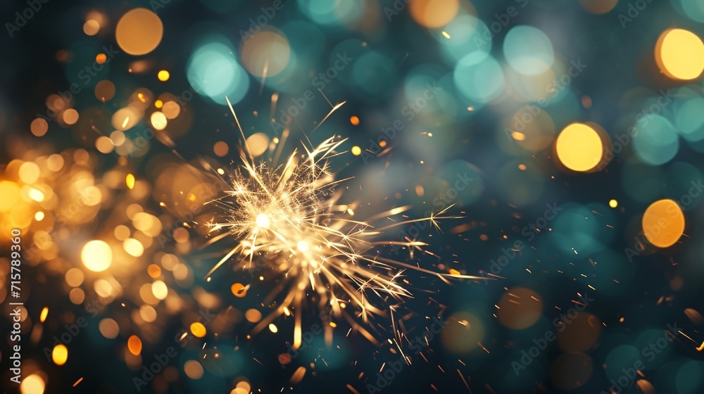 Fototapeta premium Gold and emerald green Fireworks and bokeh used in different events and copy space. Abstract background holiday.
