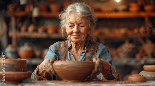 Senior woman kneading clay in bowl shape at the workshop, generative ai photo
