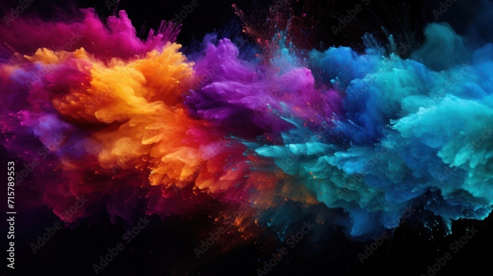 Bright Indian Holi festival with abstract colored powder explosion on black background. Frozen movement