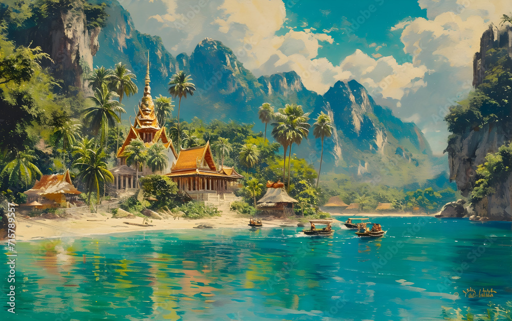 Obraz premium A vibrant travel poster promoting tourism in Thailand, featuring the bustling cityscape of Bangkok and the beautiful tropical beaches of Phuket.