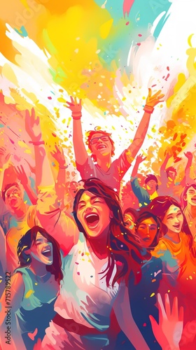 flat illustration, joyful happy friends, couple sharing laughter at holi festival, colorful memories in making, youth event celebration, blurred colorful powder in air.