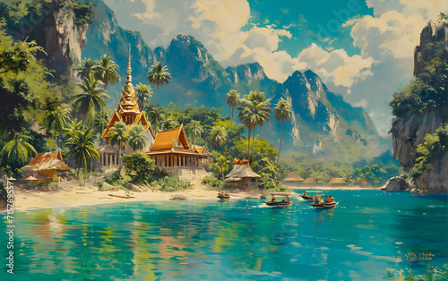 A vibrant travel poster promoting tourism in Thailand, featuring the bustling cityscape of Bangkok and the beautiful tropical beaches of Phuket.