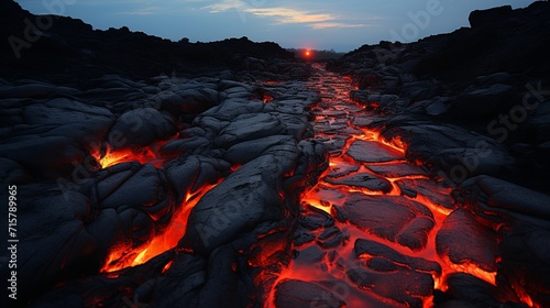 Dramatic lava flow scene after volcanic eruption creates fiery landscape in nature