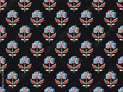 MONOCHROME SPRIG FLORAL AJRAKH SEAMLESS PATTERN AND BLOCK PRINT PATTERN BATIK PRINT BACKGROUND DIGITAL PRINTING TEXTILE PATTERN VECTOR ILLUSTRATION