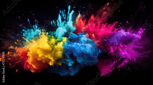 Colorful Indian Holi festival with abstract powder explosion isolated on black background. Frozen movement