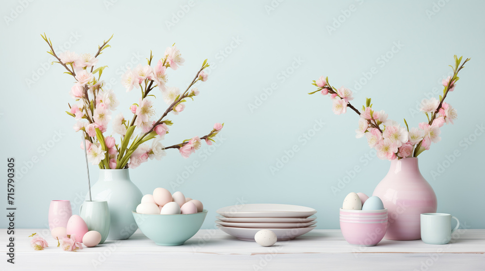 Cherry Blossom Elegance: Easter Egg Display on Spring Table and Blue Pastel Wallpaper