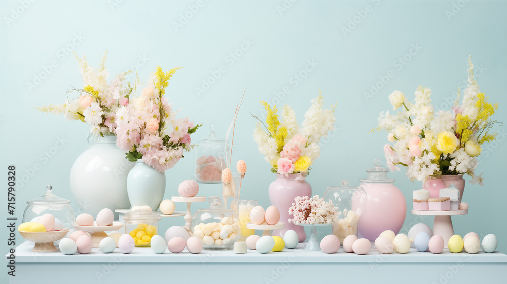 Blue Pastel Easter: Vases of Blossoms with Colorful Eggs Blue Pastel Easter: Vases of Blossoms with Colorful Eggs