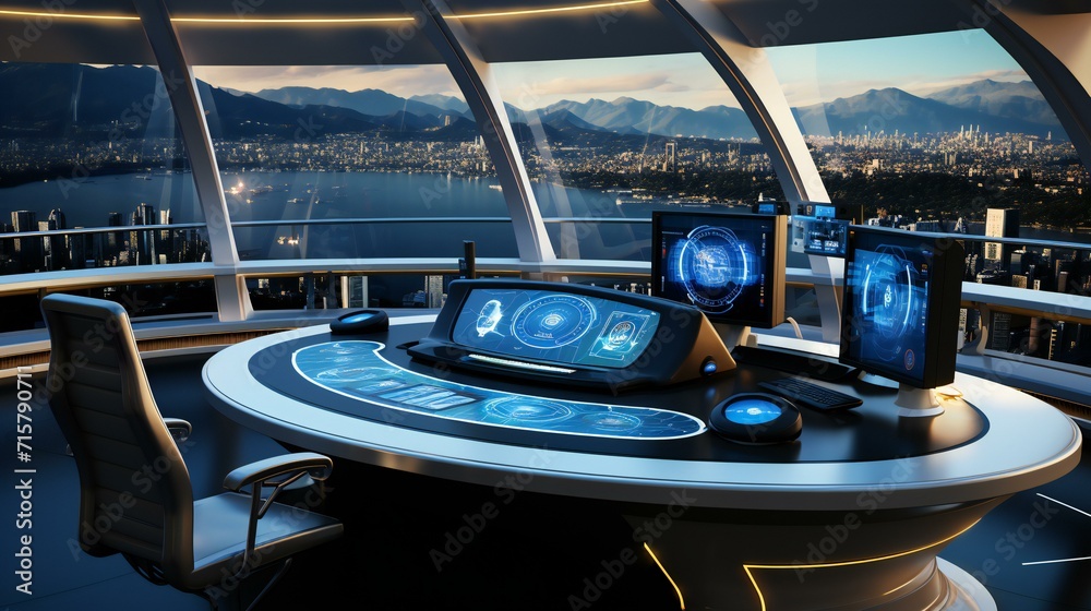 Spaceship Interior: Futuristic Control Cabin with Blue Lighting and Technology Panels