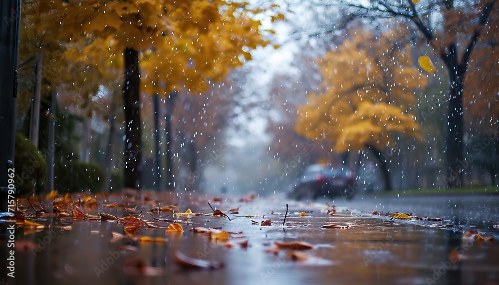 Autumn backgroun rain in the park during the day. AI generated illustration
