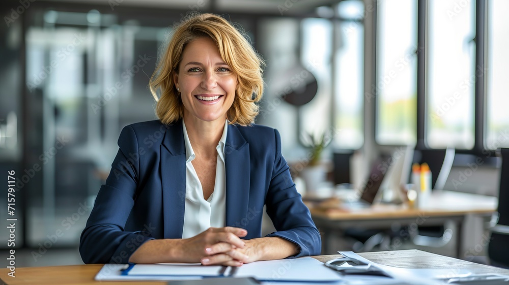 Cheerful middle aged businesswoman in blue suit working on laptop at office desk