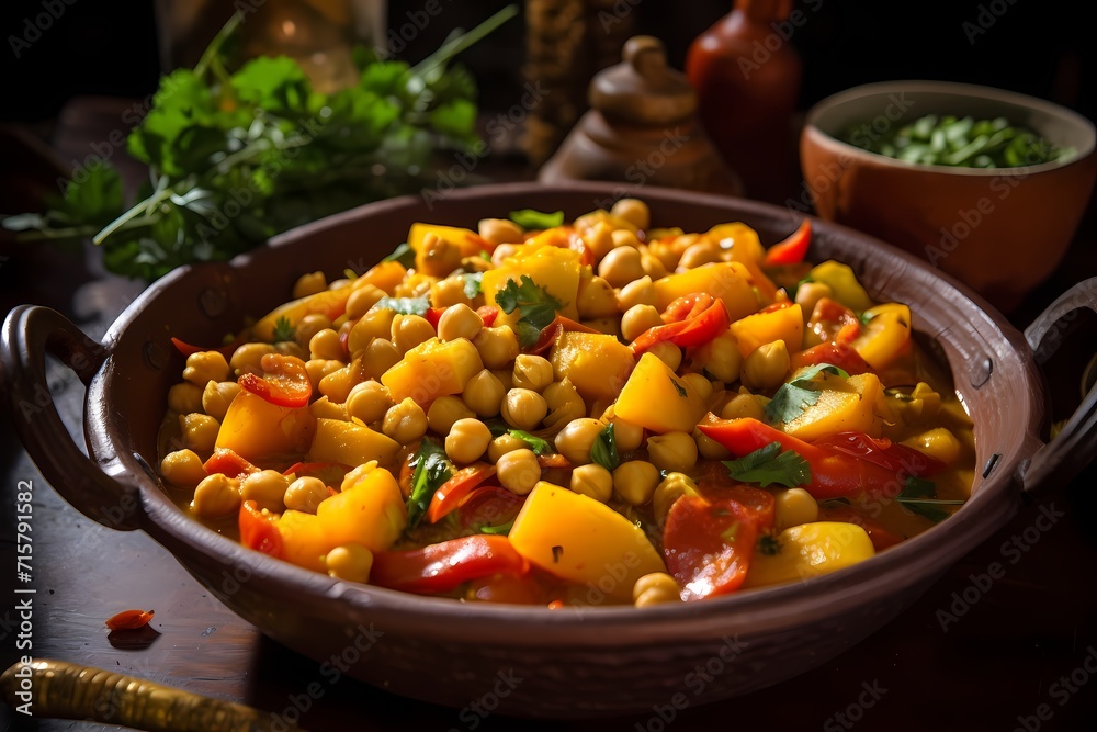 A bowl of nourishing vegetable curry, brimming with colorful chunks of carrots, bell peppers, and chickpeas.