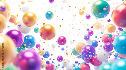 Abstract composition with multicolored flying spheres or balloons. Floating 3D spheres in pastel colors, dreamy bubble background on white. Soft-hued glossy orbs suspended, playful 3D composition.